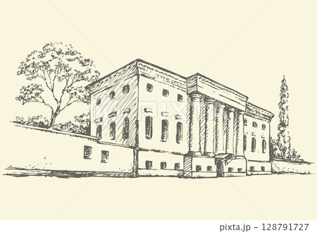 Vector sketch. Massive building with a colonnade 128791727
