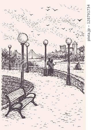 Vector landscape. Young couple on a park promenade with benches and lanterns 128791734