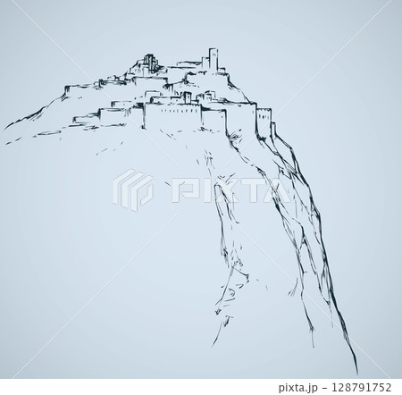 Ancient city on rock. Vector drawing 128791752