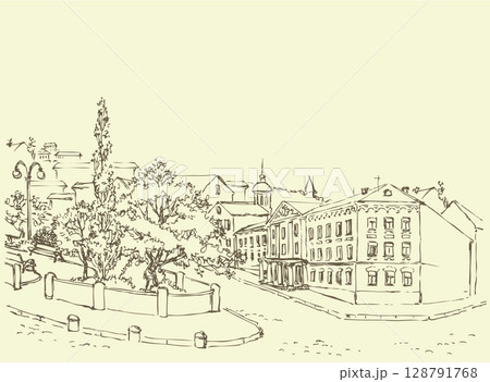 Vector cityscape. Park avenue and old buildings of city 128791768