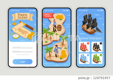 Pirate Island Treasure Hunt Isometric App Design 128791957