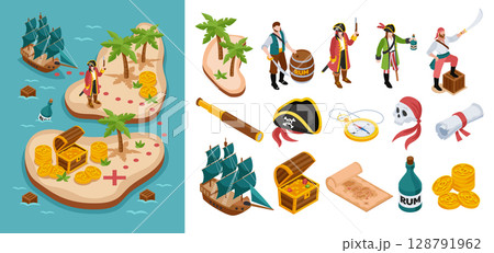 Isometric Pirate Island and Element Collection 128791962