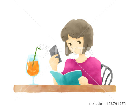 ミニテーブルで勉強しながらスマホを見る女性の水彩画 128791973