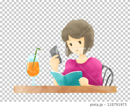 ミニテーブルで勉強しながらスマホを見る女性の水彩画 128791973