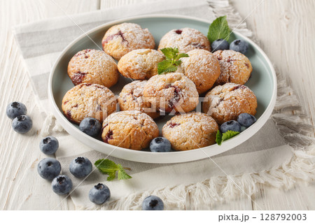 Gluten free blueberry cookies served with fresh blueberries closeup in the bowl. Horizontal 128792003