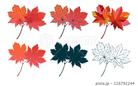 Set of hand-drawn fall colored red maple autumn leaves isolated on white background. Flat and line styles vector illustration. Set of hand-drawn fall colored red maple autumn leaves isolated on white background. Flat and line styles vector illustration. 128792244