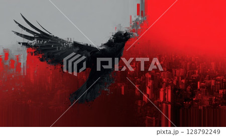 Surreal Illustration of a Raven Overlooking a Cityscape with Red Hues 128792249