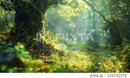 Mystical forest bathed in soft sunlight, creating a serene and magical atmosphere perfect for digital fantasy world 128792273