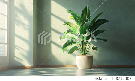 Bring nature inside with this vibrant green plant basking in sunlight against a tranquil blue wall Bring nature inside with this vibrant green plant basking in sunlight against a tranquil blue wall 128792302