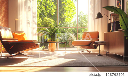 Modern living room bathed in sunlight, featuring sleek furniture and a lush garden view 128792303