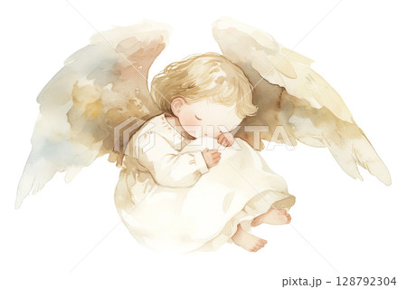 A serene watercolor of a sleeping angel evokes warmth and peace A serene watercolor of a sleeping angel evokes warmth and peace 128792304