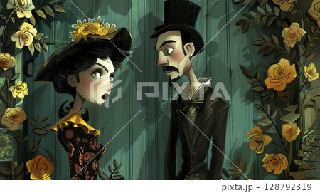 Elegant couple in vintage attire amidst blooming roses, exuding charm and mystery in a surreal, animated style 128792319