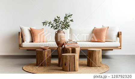 Serene minimalist space with a cozy white sofa, accent pillows, wooden stools 128792320