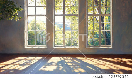 Sunlight streams through large, elegant windows, casting intricate shadows on the floor 128792350