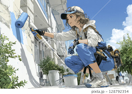 外壁塗装 ペンキを塗る女性のイラスト素材 外壁塗装 ペンキを塗る女性のイラスト素材 128792354