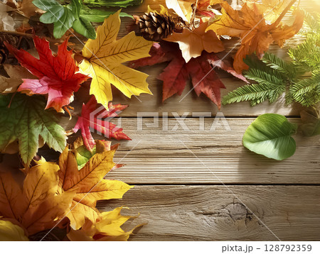 木の板の上に置かれた落ち葉のイメージ素材 128792359