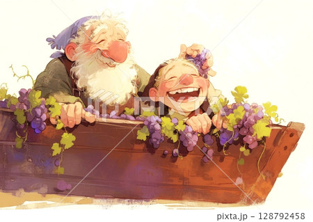Joyful grape harvest scene with whimsical characters celebrating nature spirit. 128792458