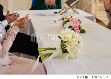 A Joyous Wedding Ceremony Celebration Featuring Stunningly Beautiful Bouquets and More 128792883