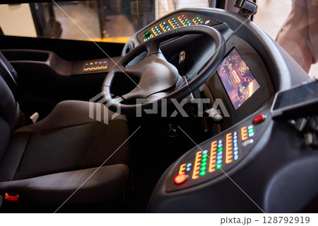 The Modern Bus Interior has a high-tech dashboard and advanced controls for drivers and passengers The Modern Bus Interior has a high-tech dashboard and advanced controls for drivers and passengers 128792919