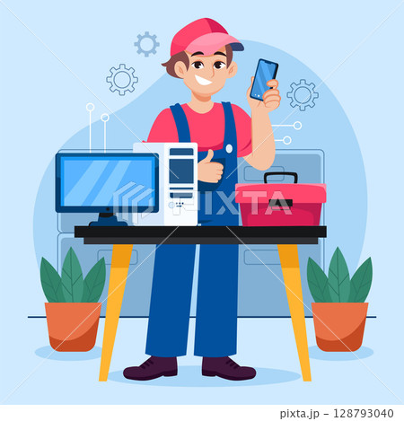 Electronic Repair Illustration with Technician Electronic Repair Illustration with Technician 128793040