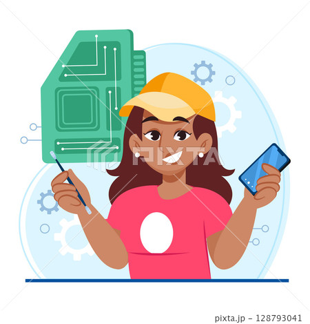 Flat Electronic Repair Composition with Woman Technician Flat Electronic Repair Composition with Woman Technician 128793041