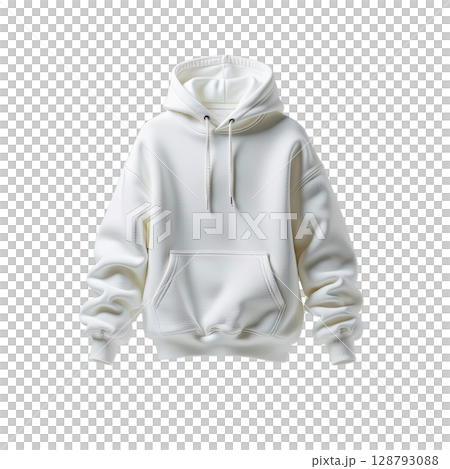 A white hoodie shown from the front view with sleeves slightly aligned along the body 128793088