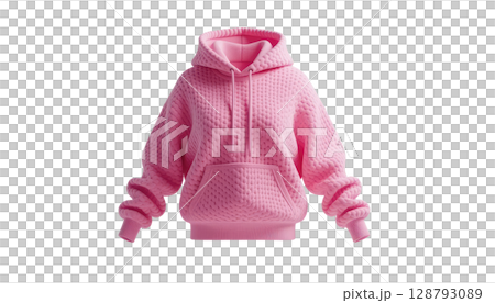 A pink hoodie shown from the front view with sleeves slightly aligned along the body. 128793089