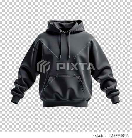 A black hoodie shown from the front view with sleeves slightly aligned along the body. 128793094