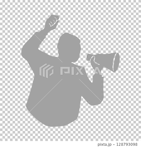 メガホンを持って抗議するシニア男性のシルエットイラスト　グレー 128793098