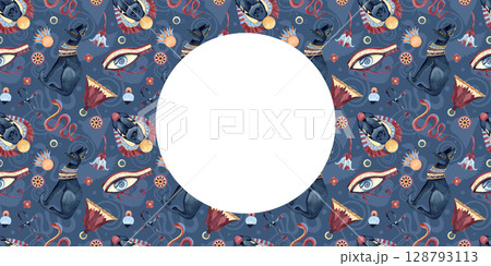 Egyptian frame, template ancient religion icon symbols, seamless pattern ornament. Bastet, Scarab beetle, Eye Horus, Ankh, abstract sacred lotus. Watercolor isolated illustration, postcard background 128793113