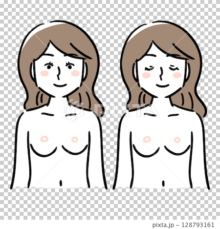 Woman, topless, black outline, brown hair, eyes wide open and closed set 128793161