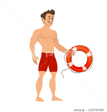 Lifeguard holding lifebuoy, ensuring beach safety 128793407