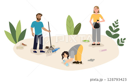 Volunteers cleaning the environment using rake and garbage bag 128793423