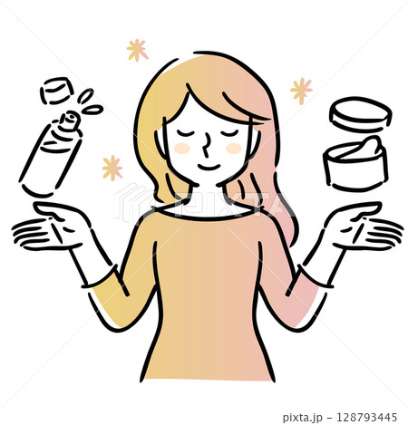 化粧水・クリームをかかげ手を上に向けて目を閉じる笑顔の女性　 128793445