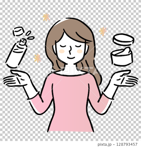 A smiling woman with her hands facing up and her eyes closed, holding lotion and cream A smiling woman with her hands facing up and her eyes closed, holding lotion and cream 128793457