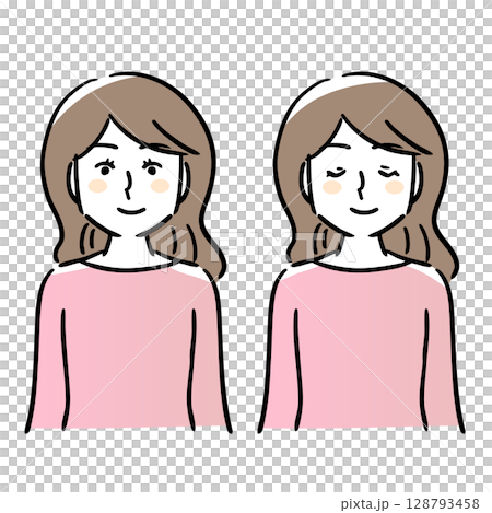 Smiling woman with eyes open, woman with eyes closed, set, simple Smiling woman with eyes open, woman with eyes closed, set, simple 128793458