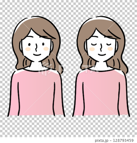 Smiling woman with eyes open, woman with eyes closed, set, simple Smiling woman with eyes open, woman with eyes closed, set, simple 128793459