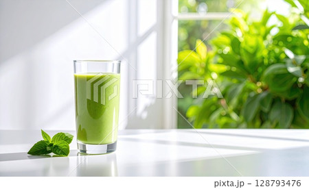 《AI画像》グラスに入った緑色のスムージー 《AI画像》グラスに入った緑色のスムージー 128793476