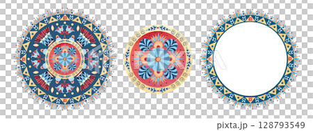 Set with arabesque frames. Ancient colorful geometric patterns, ornaments. Sacred lotus of East culture. Watercolor illustration isolated from background white template. Arab style for logo, postcard 128793549