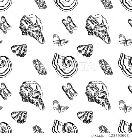 Pattern of outline oysters, sea shells and mollusks hand drawn in doodle style on white background Pattern of outline oysters, sea shells and mollusks hand drawn in doodle style on white background 128793608
