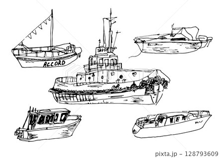 Set of ships, boats, sea and river vessels hand drawn on paper, isolated on background Set of ships, boats, sea and river vessels hand drawn on paper, isolated on background 128793609