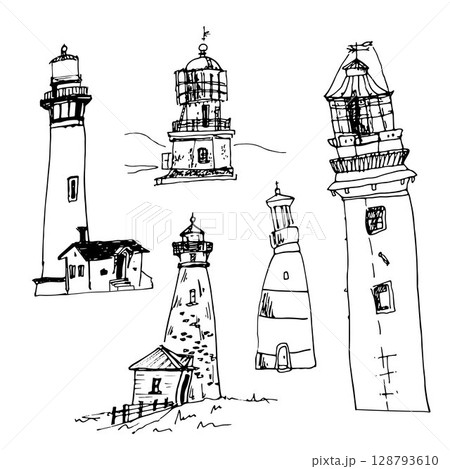 Set of lighthouse building sketches in black ink on white background Set of lighthouse building sketches in black ink on white background 128793610