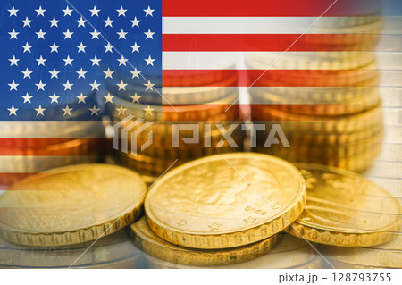 US America flag with stock market finance, economy trend graph digital technology. 128793755