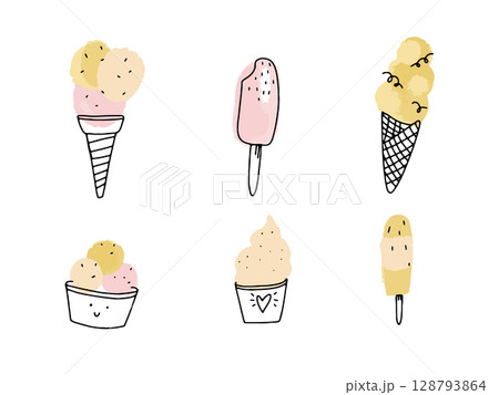 Cute ice cream illustrations set. Cornet and cup dessert. Line and watercolor hand drawing 128793864