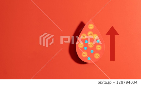 High cholesterol concept. LDL cholesterol with yellow spherical particles and HDL cholesterol with blue spherical particles inside a blood droplet on red background. Cardiovascular disease problem. High cholesterol concept. LDL cholesterol with yellow spherical particles and HDL cholesterol with blue spherical particles inside a blood droplet on red background. Cardiovascular disease problem. 128794034