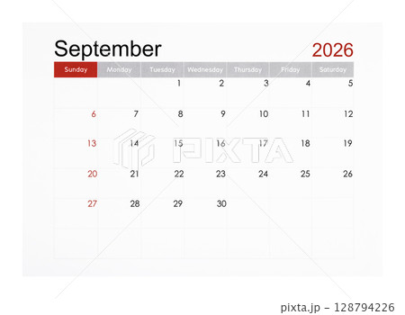 September 2026 monthly calendar page isolated on white background, Saved clipping path. 128794226