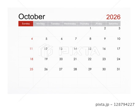 October 2026 monthly calendar page isolated on white background, Saved clipping path. October 2026 monthly calendar page isolated on white background, Saved clipping path. 128794227