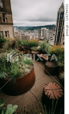 A striking modern house stands amidst a wild garden adorned with colorful foliage. The property features a spacious patio, perfect for enjoying nature's tranquility in autumn, banner 128794501