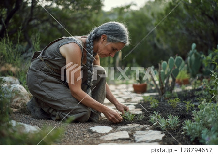 A person kneels on the forest floor in a humid subtropical region, carefully planting native plants among lush greenery, promoting local biodiversity and ecological health 128794657