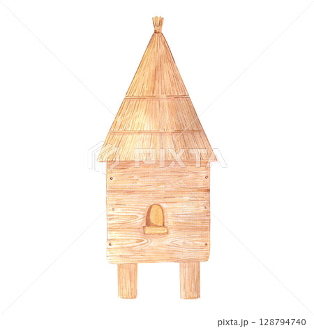 Wooden beehive, hand drawn watercolor illustration isolated on white background. Can be used for postcards, scrapbooking and other printed products. 128794740
